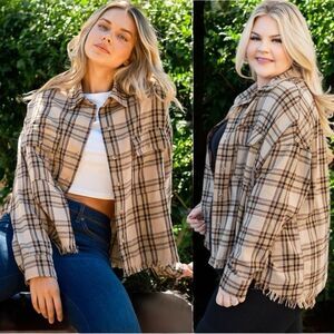 And The Why Tan Button Up Raw Hem Plaid Shirt NWT